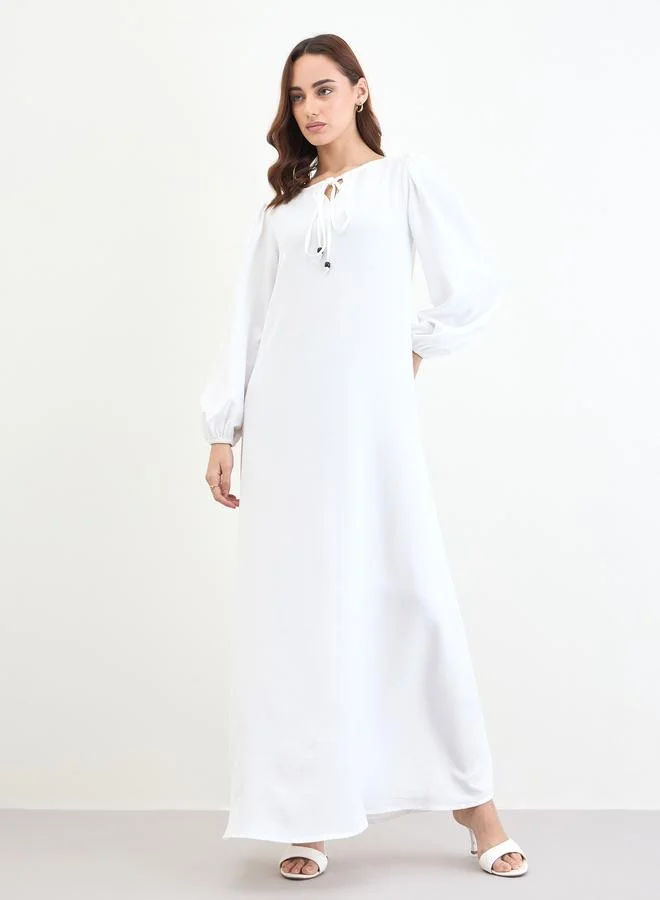 Amirah Women White Tie-Up Neck Jalabiya